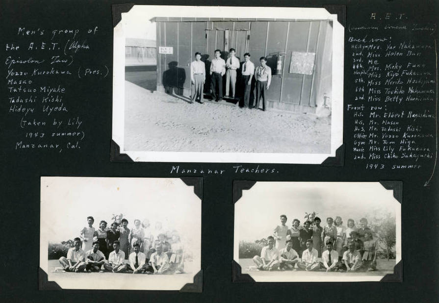 Scrapbook page with three black and white group photos of teachers, outside at Manzanar camp