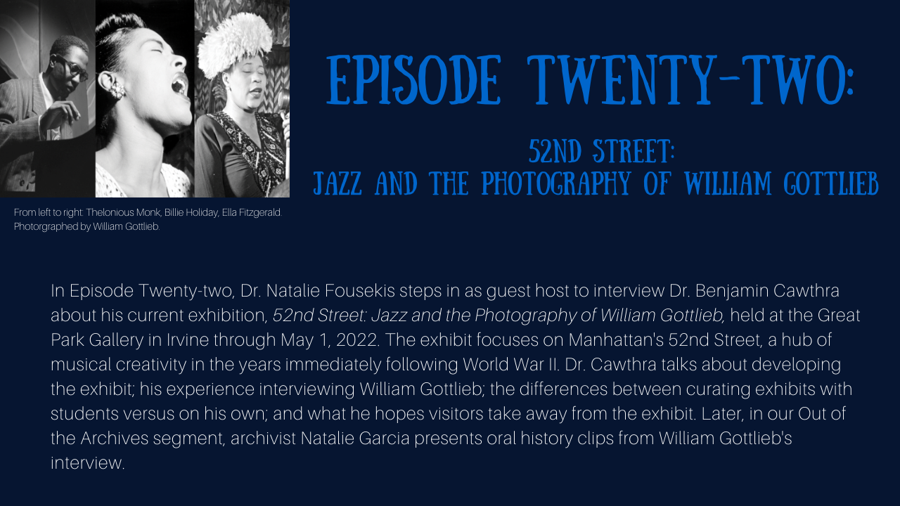 Episode 21 banner with black and white photographs of Thelonious Monk at piano, Billie Holiday singing, and Ella Fitzgerald singing