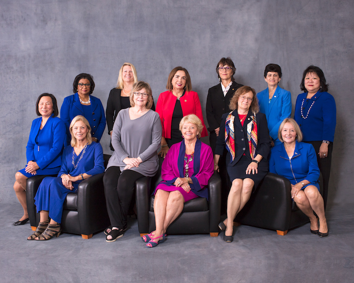 Twelve CSU Women Presidents seated and standing against gray backdrop