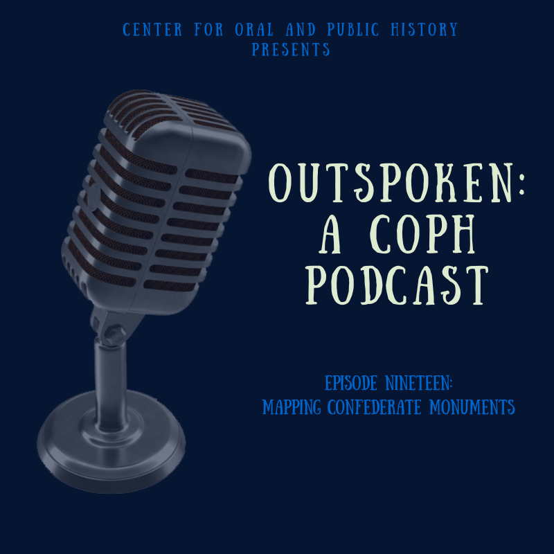 Episode 19 slide with text and illustration of microphone against a navy blue background