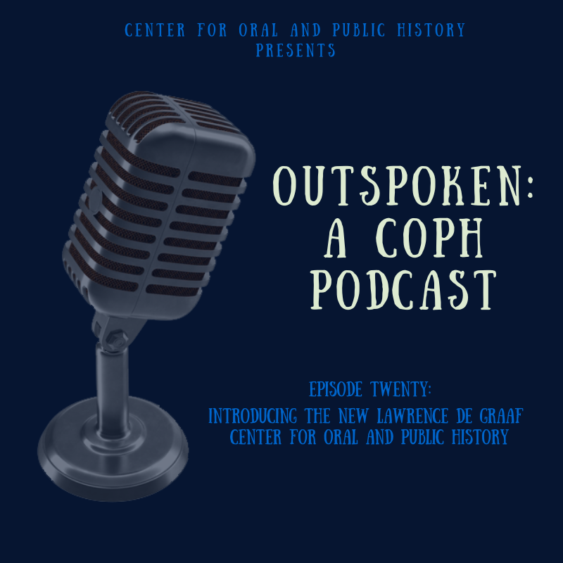 Episode 20 slide with text and illustration of microphone against a navy blue background